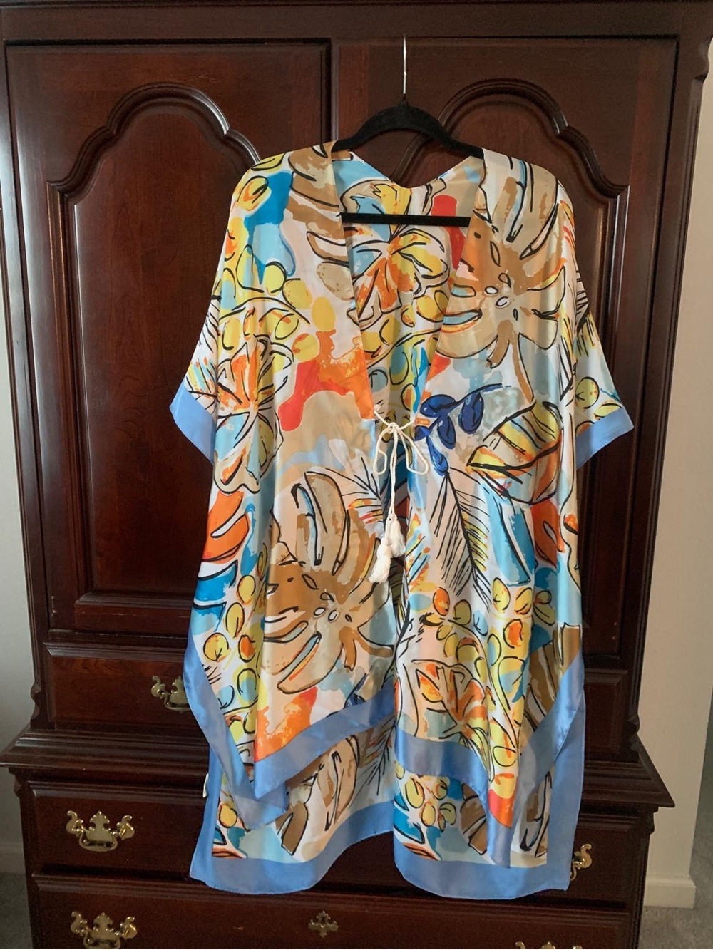 Pretty Persuasions Tropical Floral Kimono in Blue, Orange, Tan and Cream